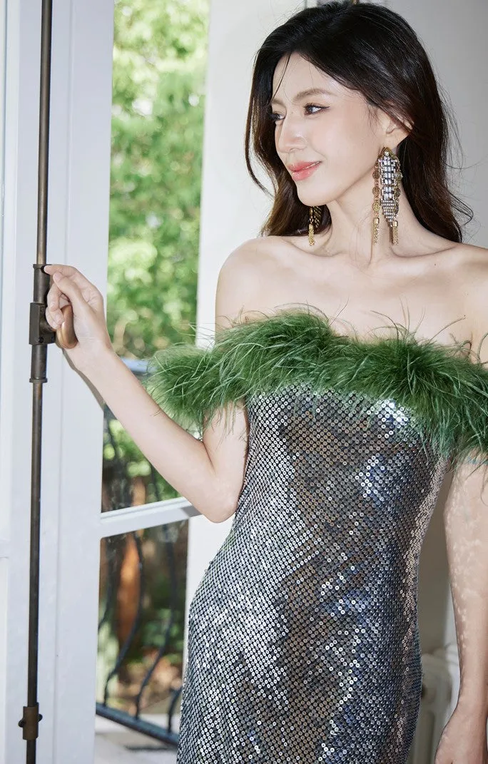 DOLLY Luxury Sliver Retro Style Green Feather Tube Top Long Glitter Party Dress-THEKLA
