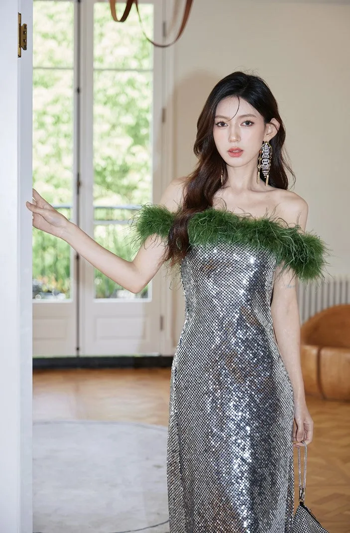 DOLLY Luxury Sliver Retro Style Green Feather Tube Top Long Glitter Party Dress-THEKLA