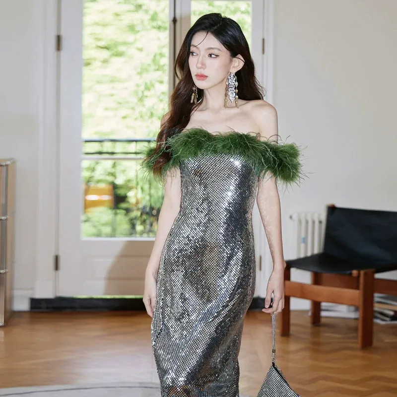 DOLLY Luxury Sliver Retro Style Green Feather Tube Top Long Glitter Party Dress-THEKLA