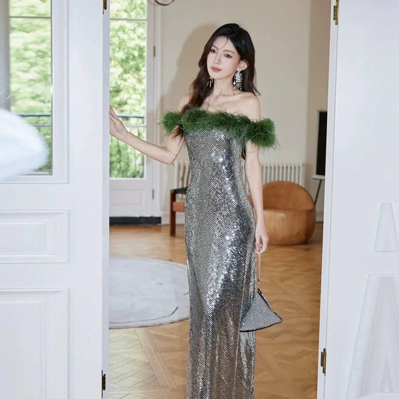 DOLLY Luxury Sliver Retro Style Green Feather Tube Top Long Glitter Party Dress-THEKLA