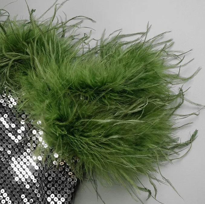 DOLLY Luxury Sliver Retro Style Green Feather Tube Top Long Glitter Party Dress-THEKLA