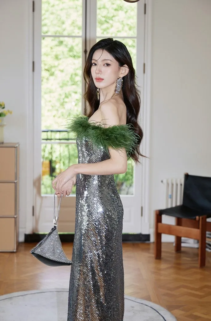 DOLLY Luxury Sliver Retro Style Green Feather Tube Top Long Glitter Party Dress-THEKLA