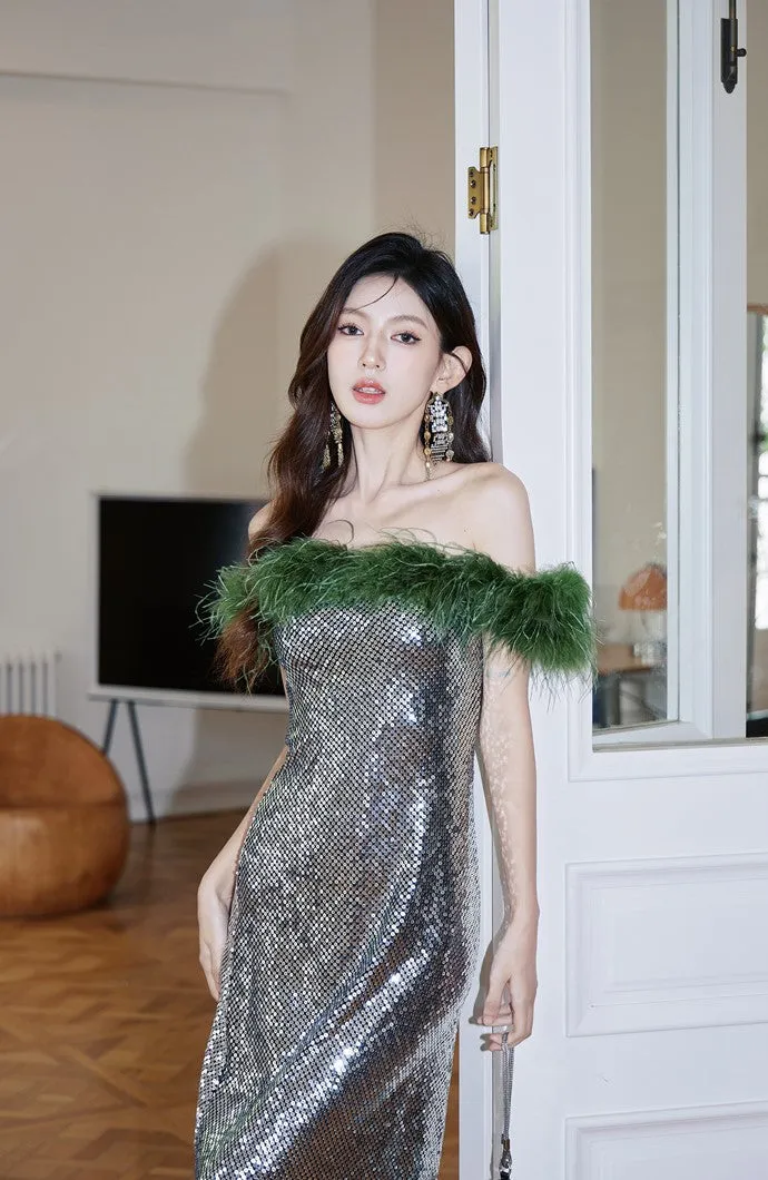 DOLLY Luxury Sliver Retro Style Green Feather Tube Top Long Glitter Party Dress-THEKLA
