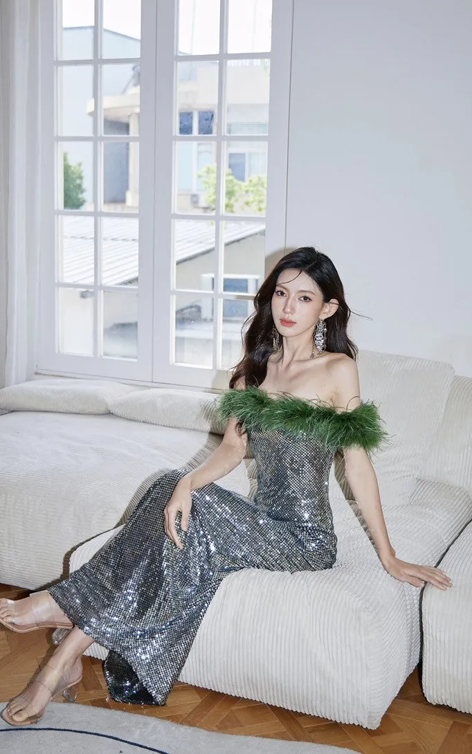 DOLLY Luxury Sliver Retro Style Green Feather Tube Top Long Glitter Party Dress-THEKLA