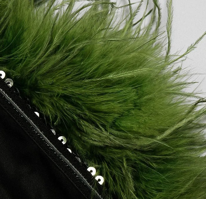 DOLLY Luxury Sliver Retro Style Green Feather Tube Top Long Glitter Party Dress-THEKLA