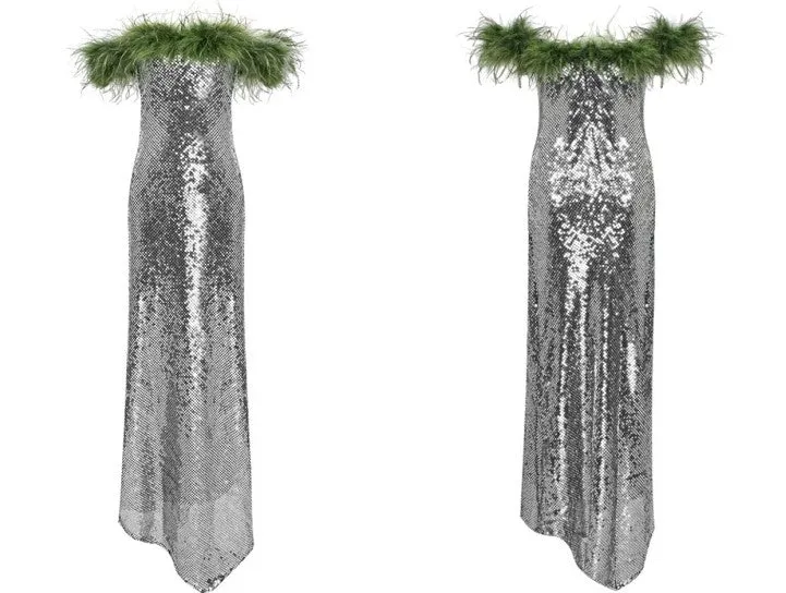 DOLLY Luxury Sliver Retro Style Green Feather Tube Top Long Glitter Party Dress-THEKLA
