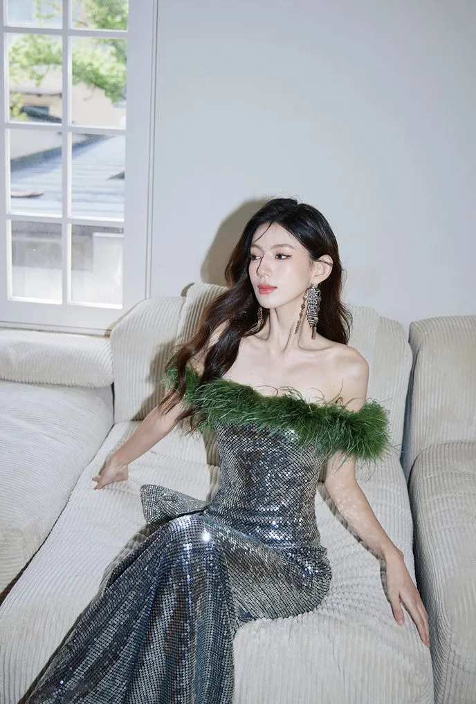 DOLLY Luxury Sliver Retro Style Green Feather Tube Top Long Glitter Party Dress-THEKLA