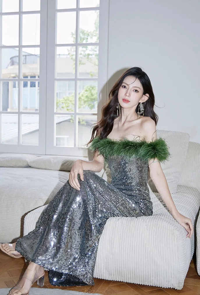 DOLLY Luxury Sliver Retro Style Green Feather Tube Top Long Glitter Party Dress-THEKLA