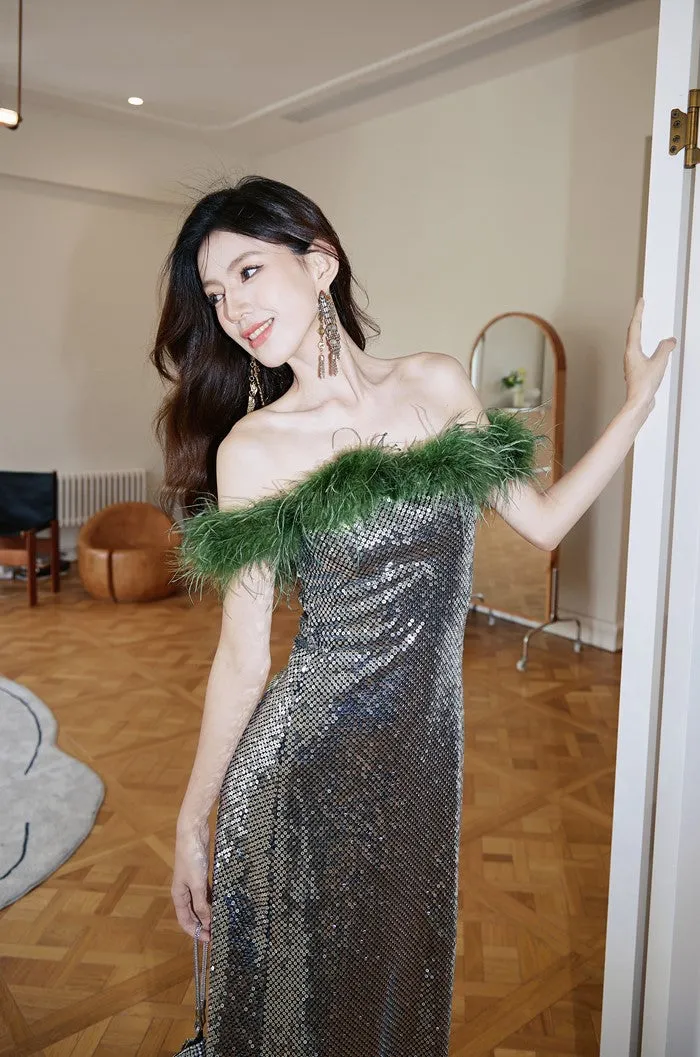 DOLLY Luxury Sliver Retro Style Green Feather Tube Top Long Glitter Party Dress-THEKLA
