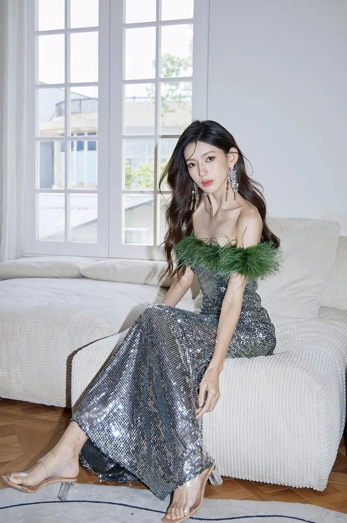 DOLLY Luxury Sliver Retro Style Green Feather Tube Top Long Glitter Party Dress-THEKLA
