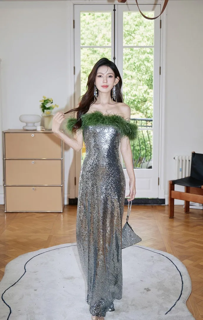 DOLLY Luxury Sliver Retro Style Green Feather Tube Top Long Glitter Party Dress-THEKLA