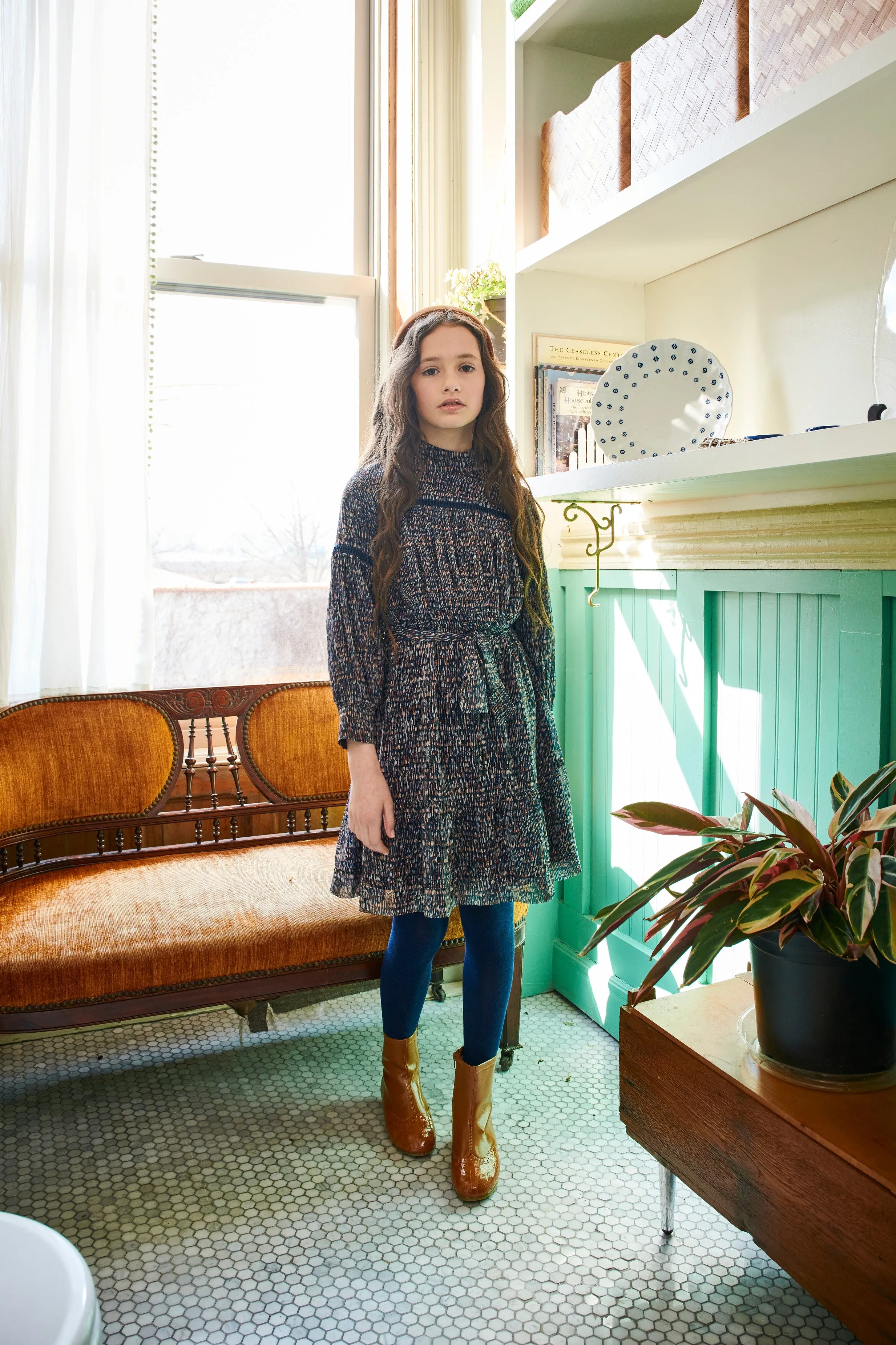 dress crinkle printed velvet detail optional belt - navy print