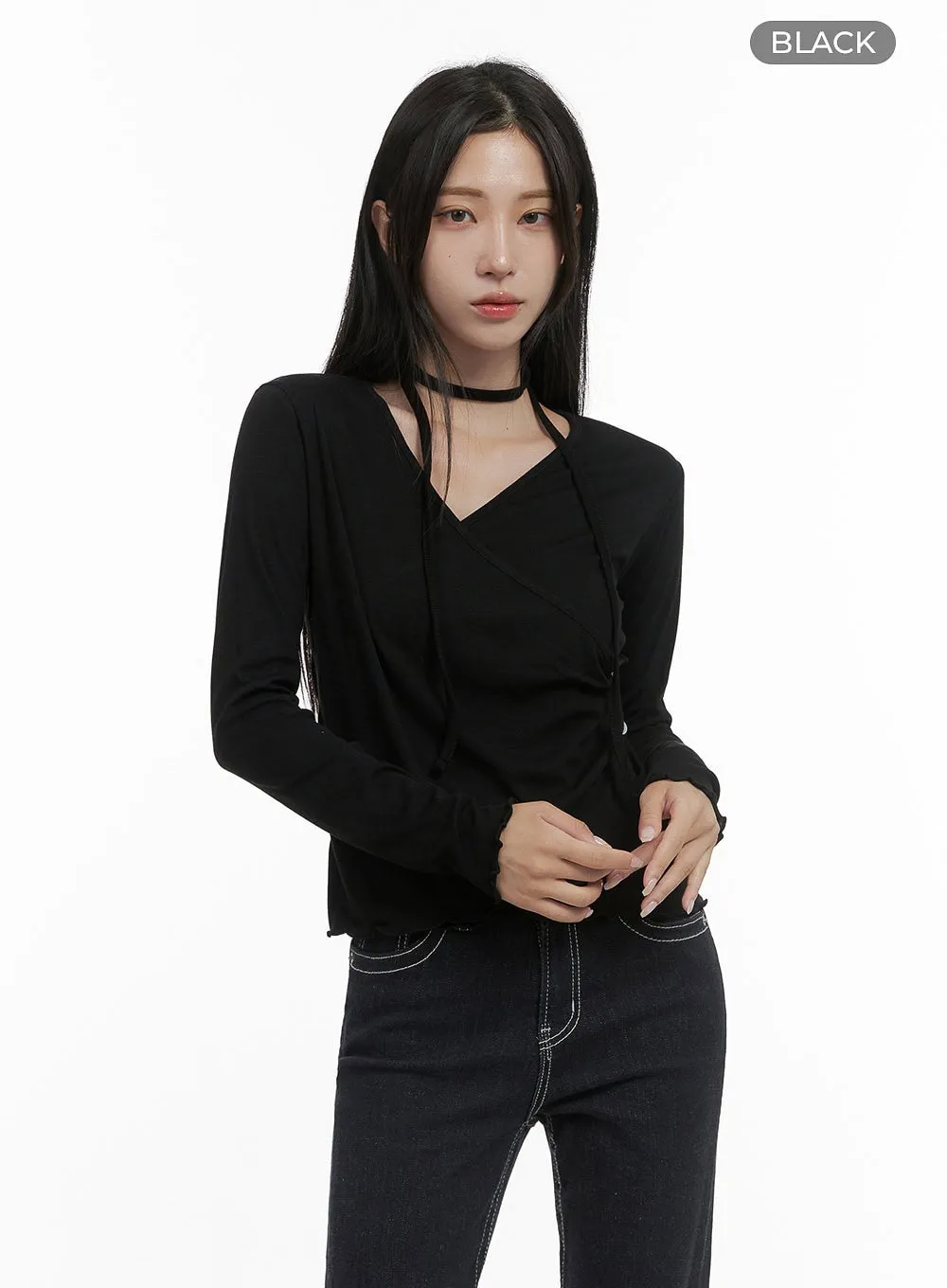 Elegant Buttoned Wrap Long Sleeve Top CS430