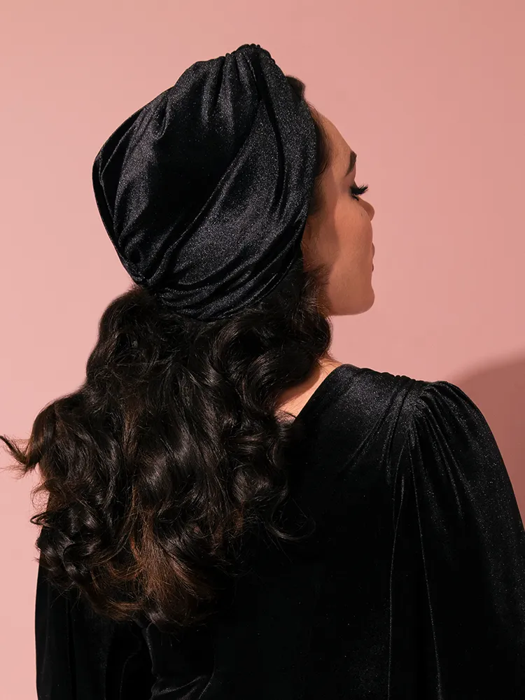 Film Noir Gown and Turbanette in Black Velvet - Vixen by Micheline Pitt