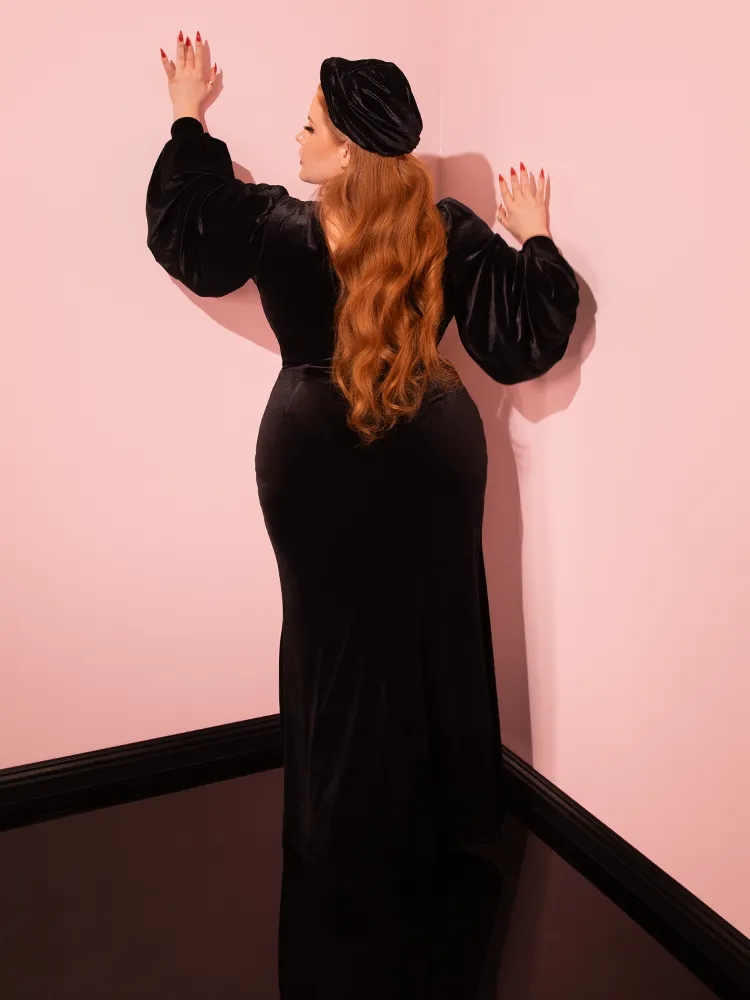 Film Noir Gown and Turbanette in Black Velvet - Vixen by Micheline Pitt