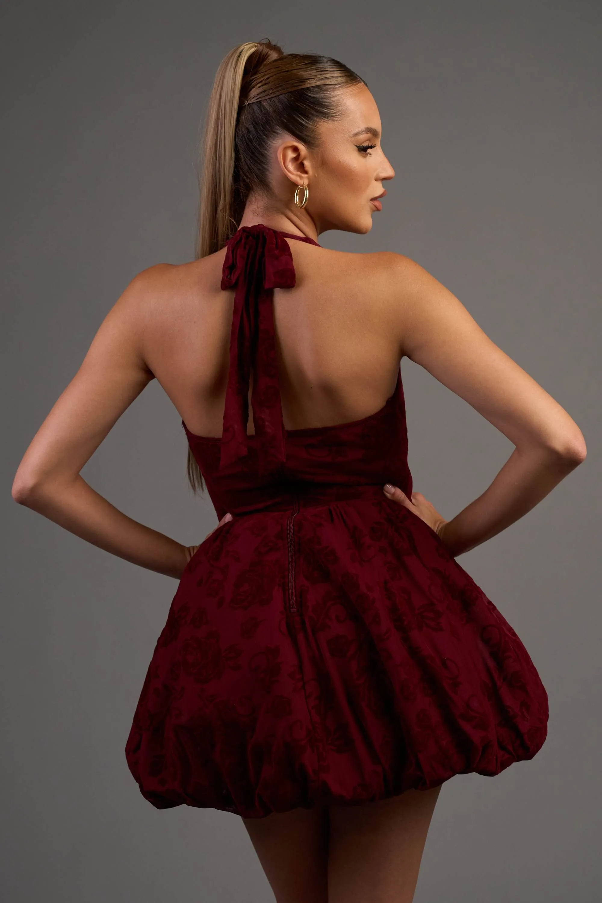 FLORAL VELVET FLOCKING MESH BUBBLE HEM MINI DRESS