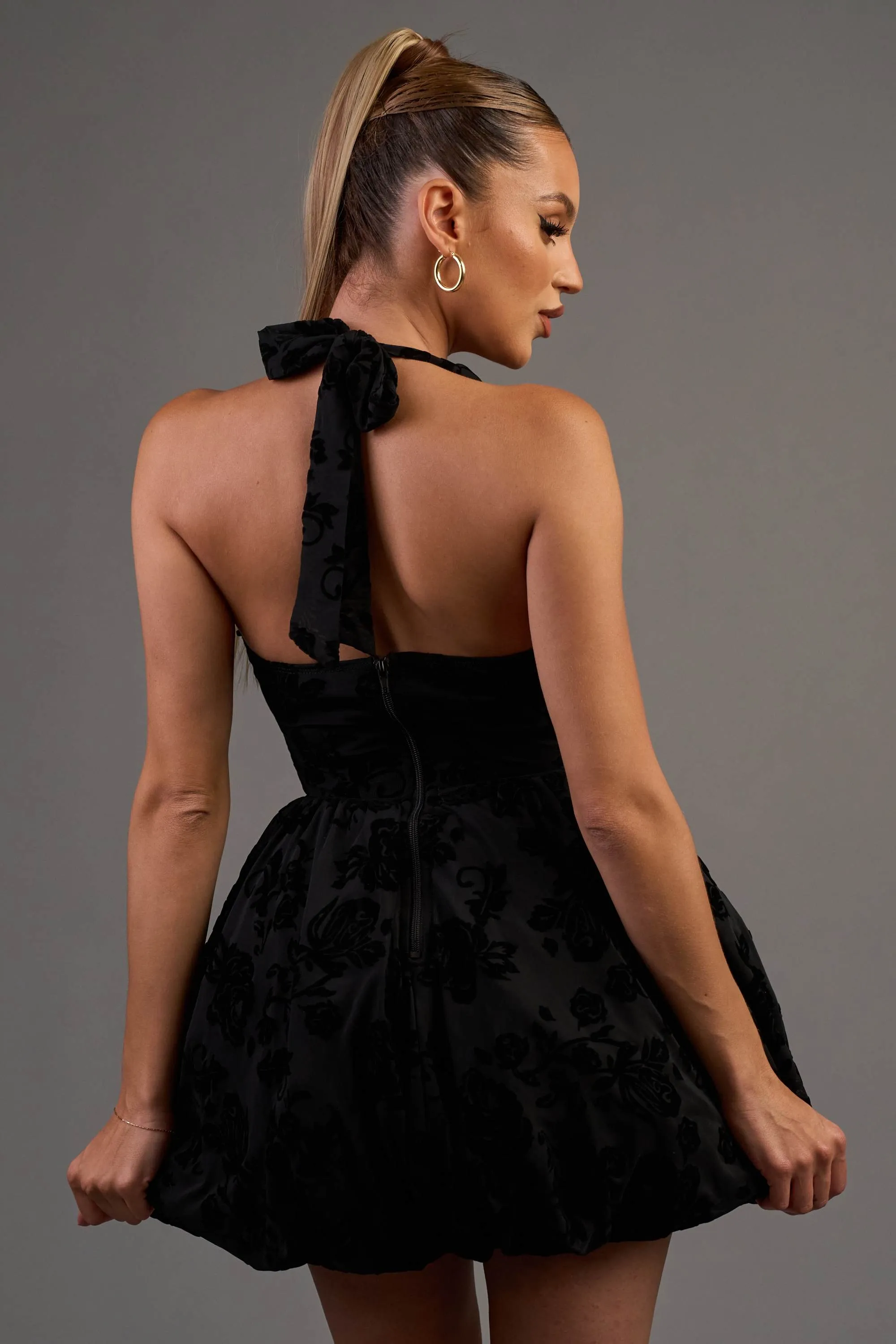 FLORAL VELVET FLOCKING MESH BUBBLE HEM MINI DRESS