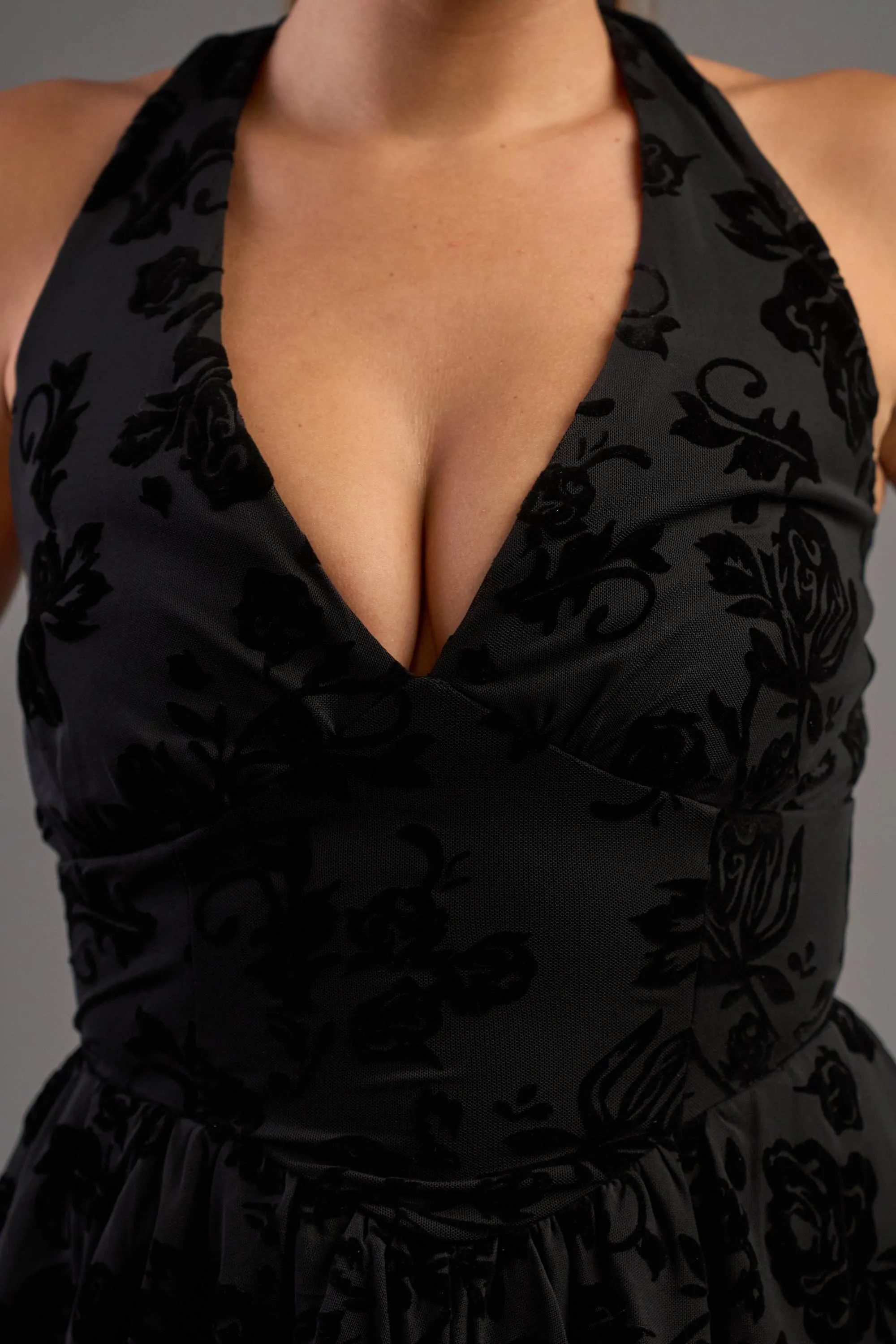 FLORAL VELVET FLOCKING MESH BUBBLE HEM MINI DRESS