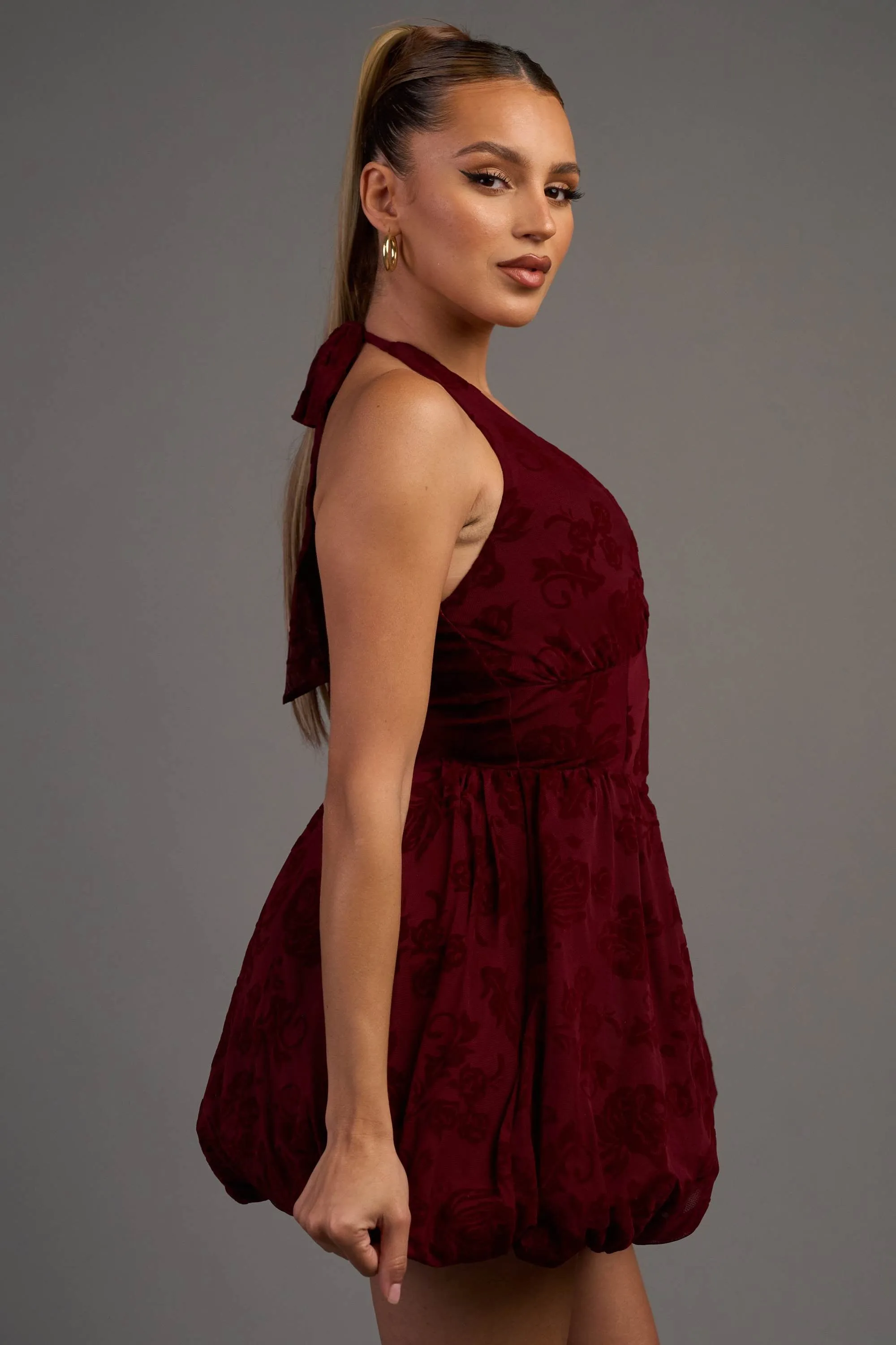 FLORAL VELVET FLOCKING MESH BUBBLE HEM MINI DRESS