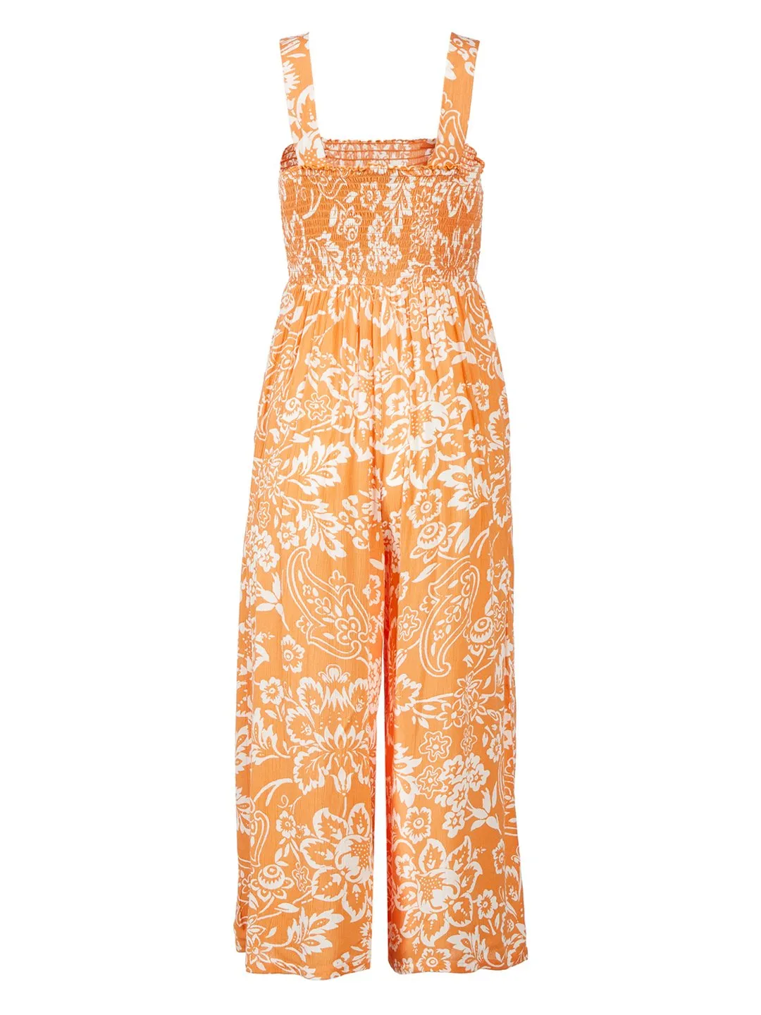 Garden Smocked Strappy Jumpsuit in Orange Sunrise