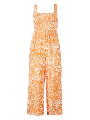 Garden Smocked Strappy Jumpsuit in Orange Sunrise