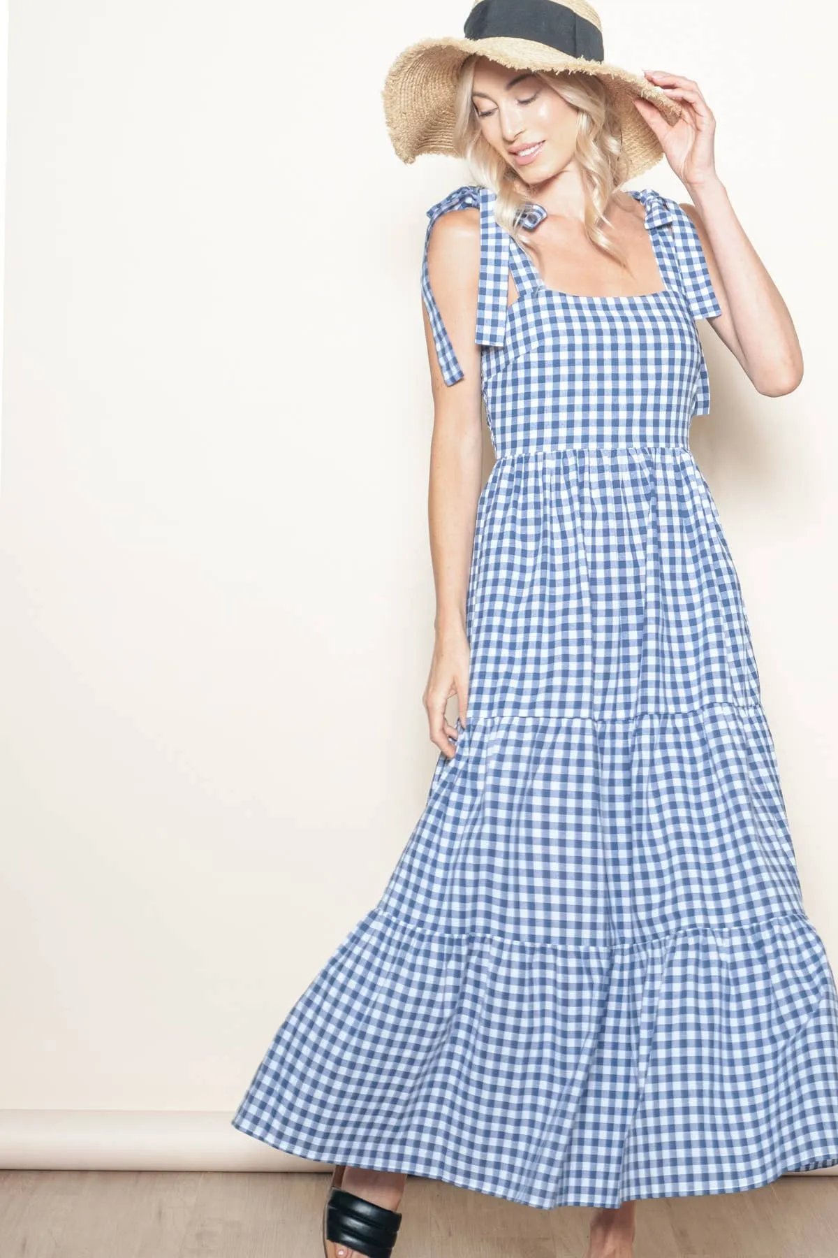 Gingham Ribbon Tie Tiered Maxi Dress