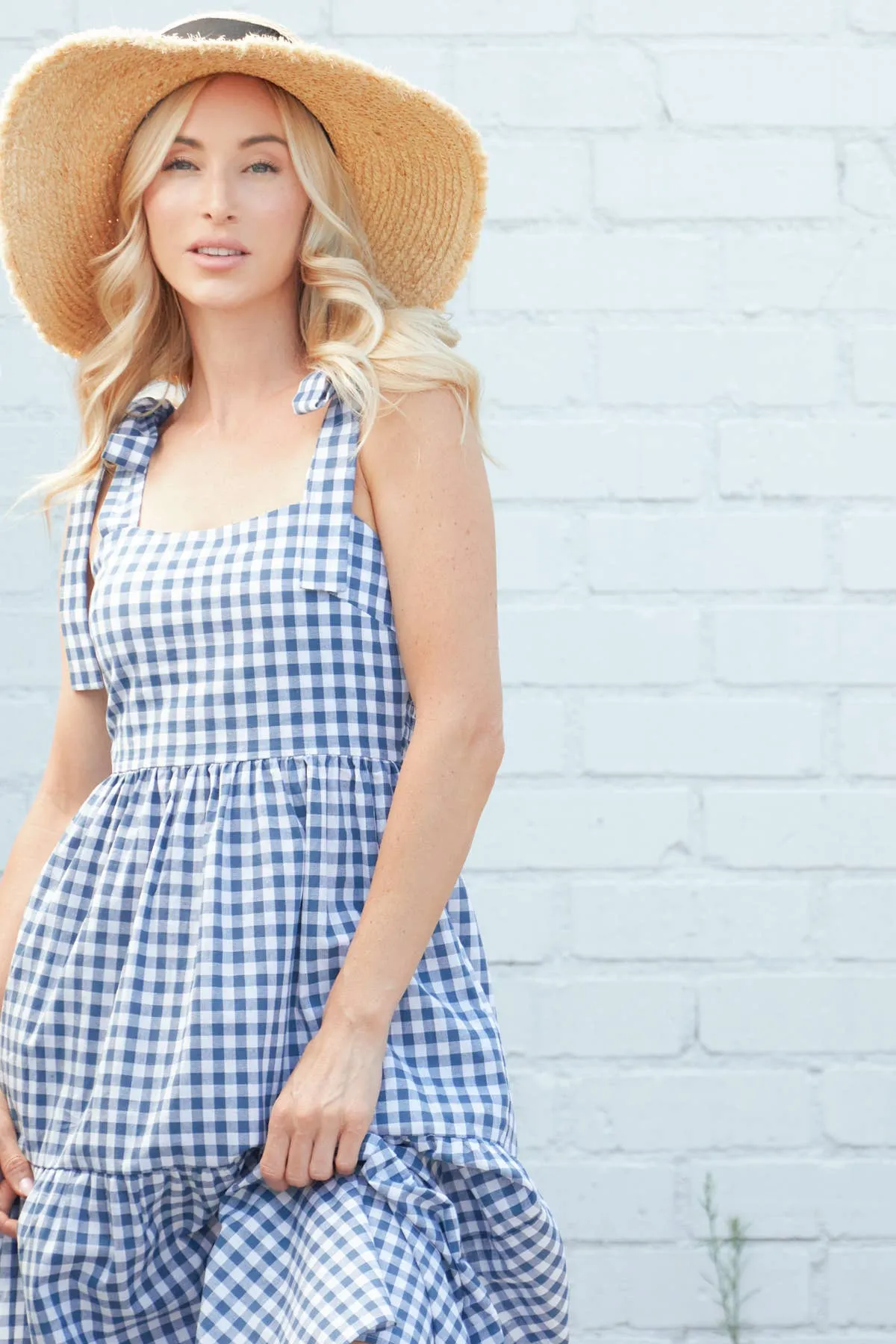 Gingham Ribbon Tie Tiered Maxi Dress