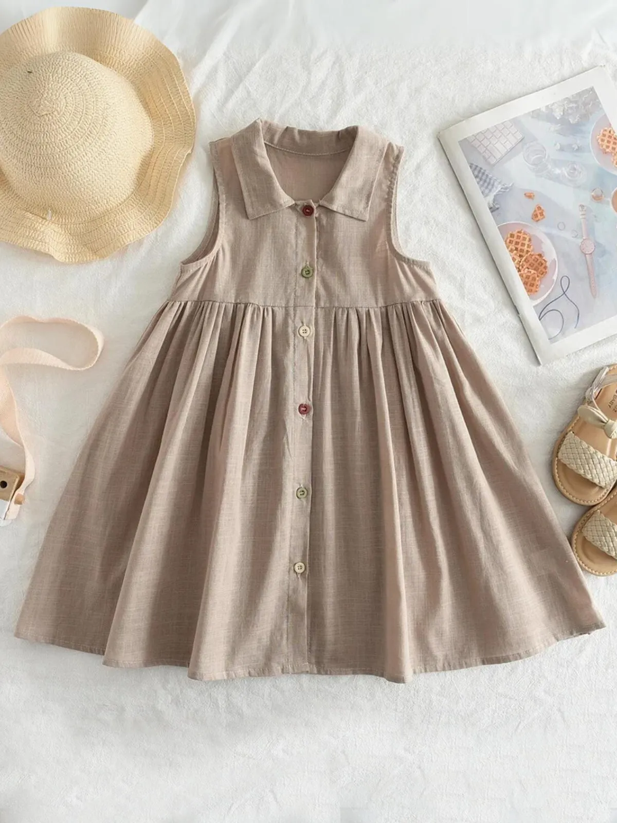 Girls Classic Button-Up Sleeveless Dress