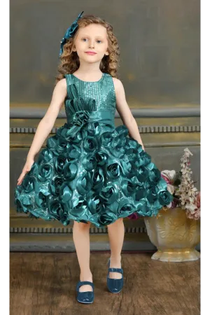 Girls Rama Green Sleeveless Floral Applique Party Dress
