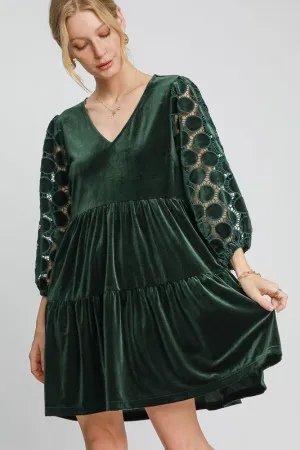 Green Dotted Lace Sleeve Tiered Velvet Mini Dress