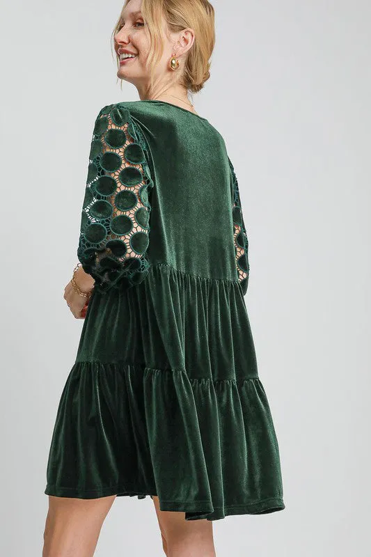 Green Dotted Lace Sleeve Tiered Velvet Mini Dress