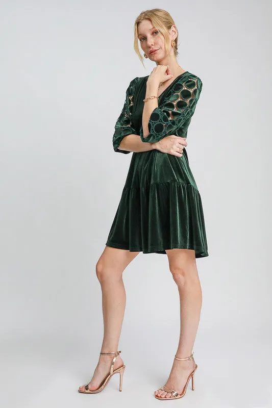 Green Dotted Lace Sleeve Tiered Velvet Mini Dress