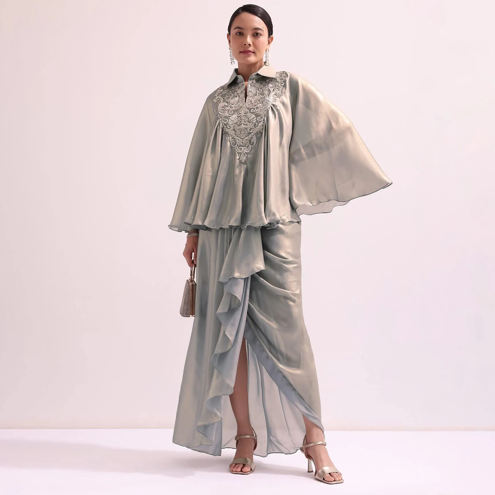 Grey Croptop And Drape Skirt Set