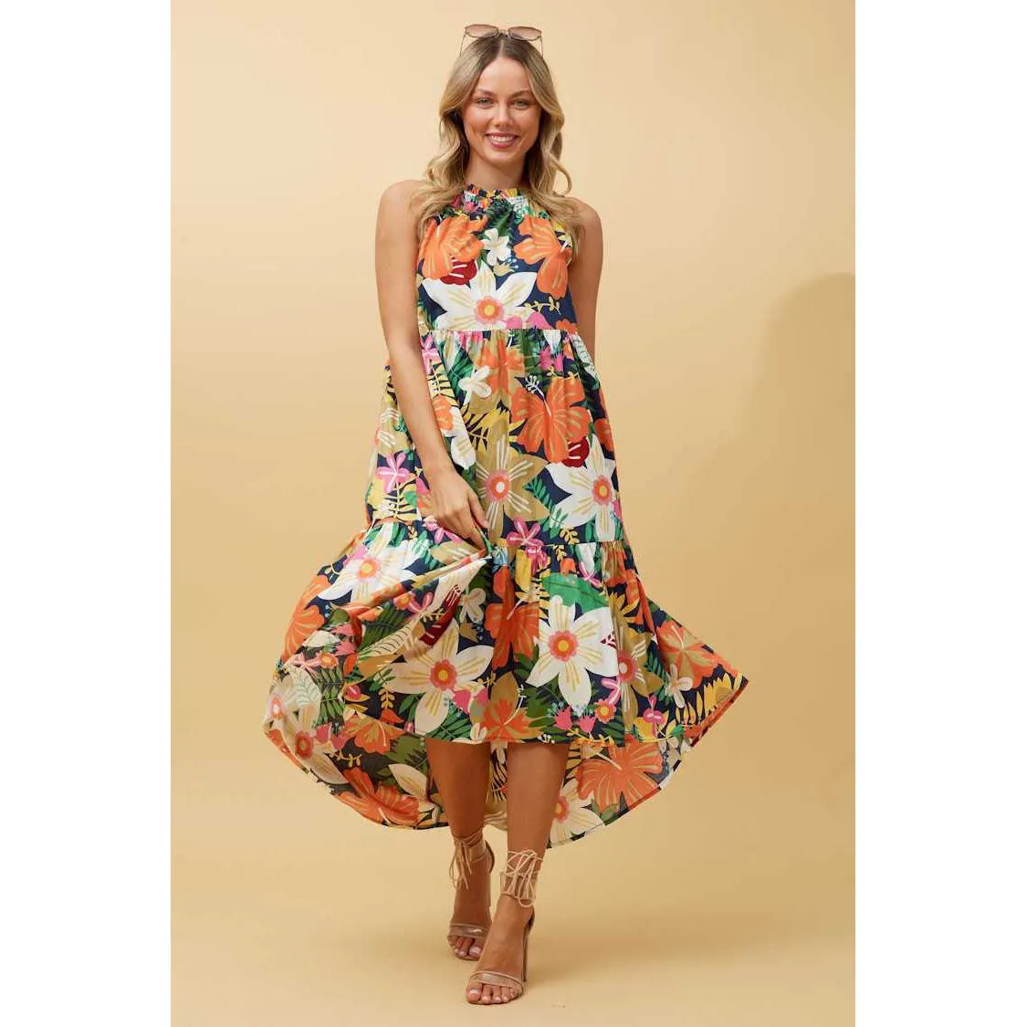 High Neck Sleeve Less Dress - Multi orange