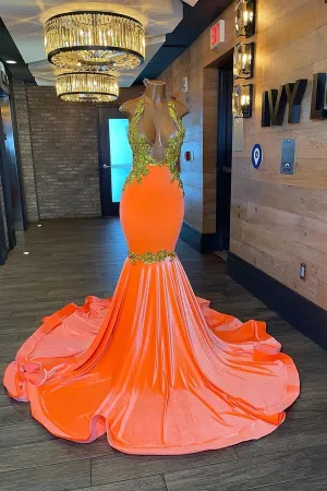 kamahe Charming Sleeveless Halter Backless Mermaid Prom Dress With Gold Beading