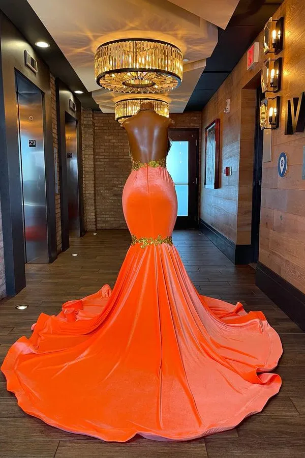 kamahe Charming Sleeveless Halter Backless Mermaid Prom Dress With Gold Beading