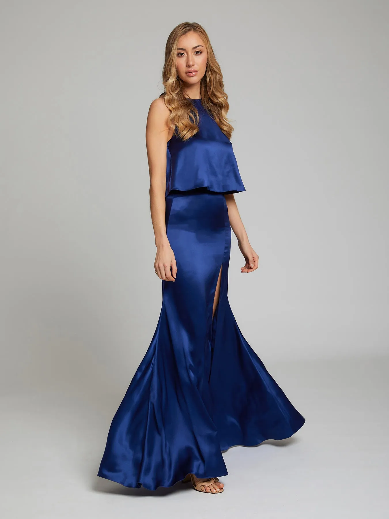 Lena navy silk skirt & top set