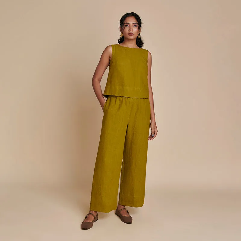 Linen Co Ord Set for Women| Green | Short Top & Pyjama Pants