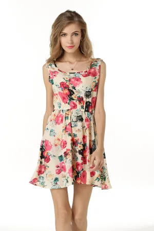 Little Fresh Floral Print Sleeveless Ruched Short Dress