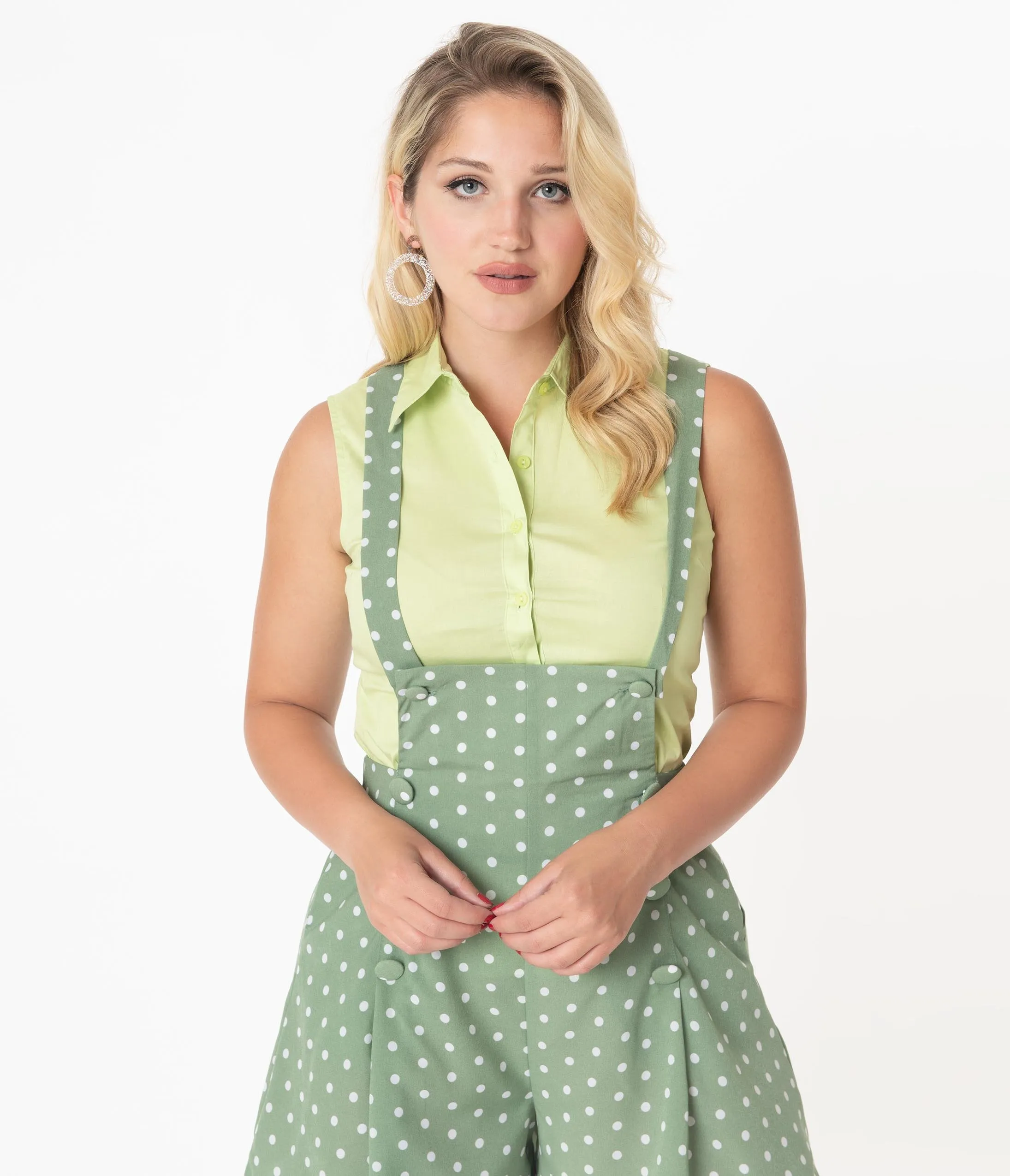 Mint Green Sleeveless Collared Cotton Button Up Blouse
