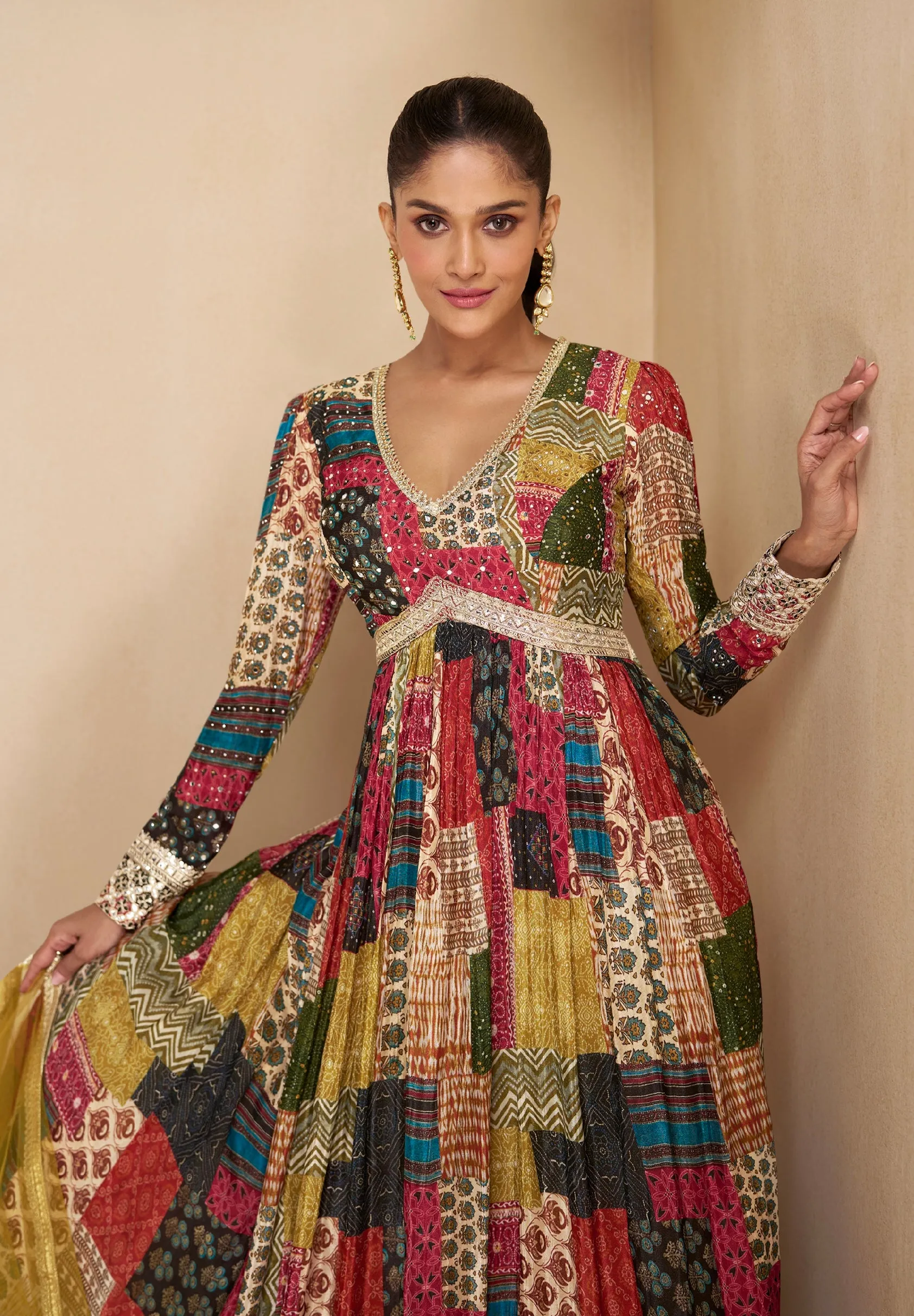 Multicolored Patchwork Embroidered Real Georgette Anarkali with Net Dupatta