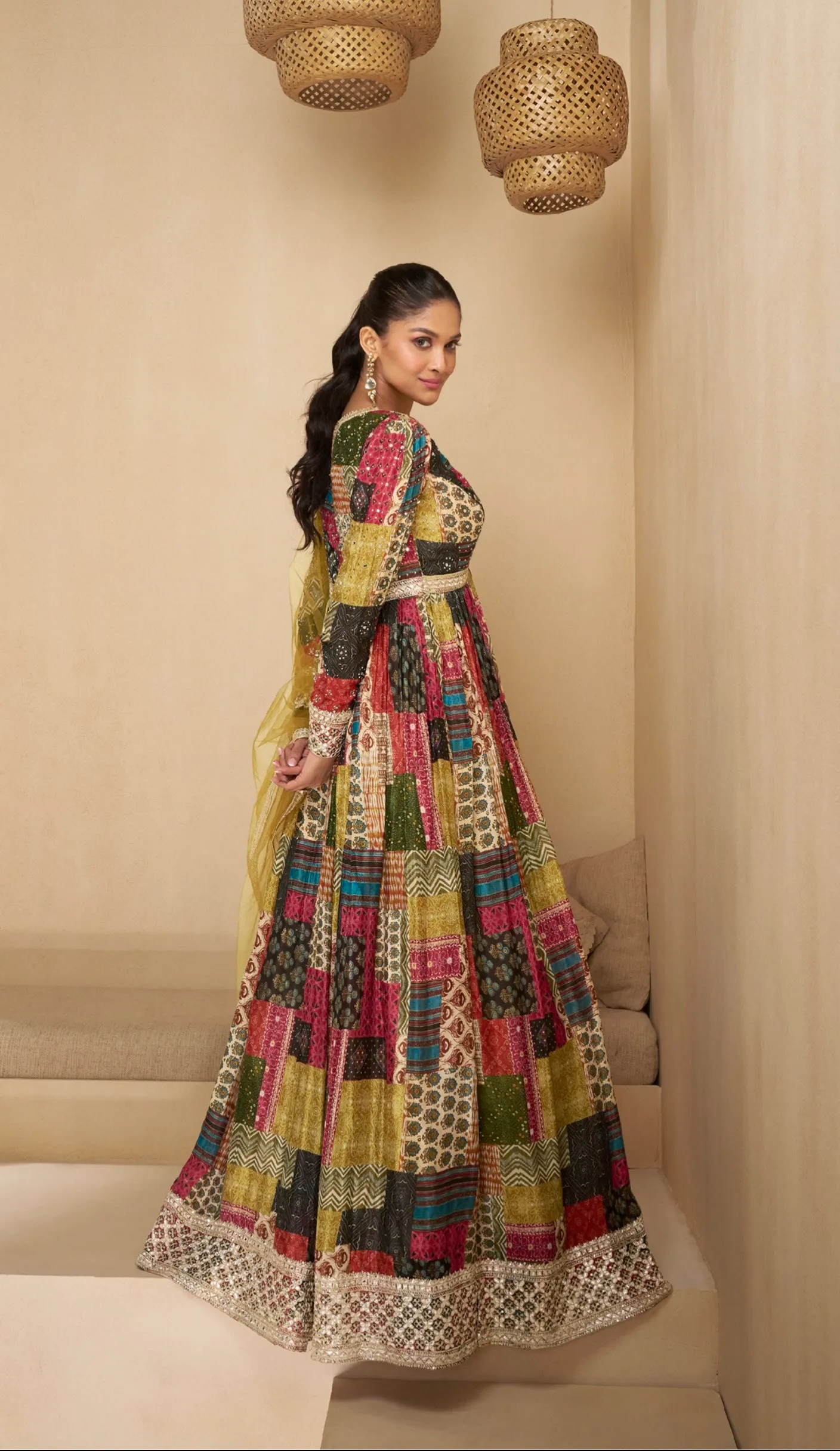 Multicolored Patchwork Embroidered Real Georgette Anarkali with Net Dupatta