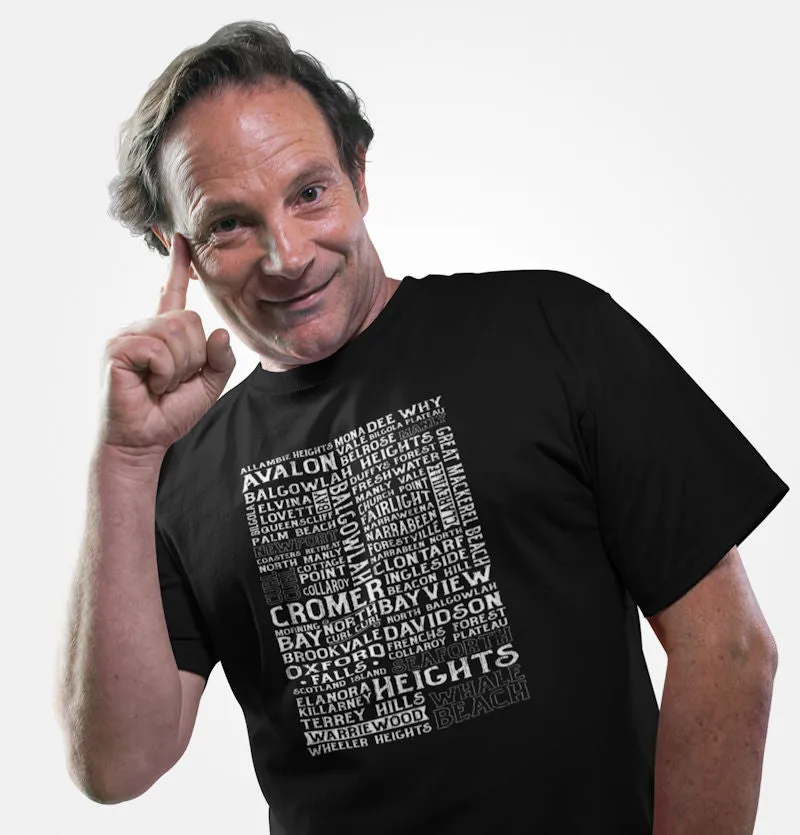 Northern Beaches Suburbs T-Shirt (Black)
