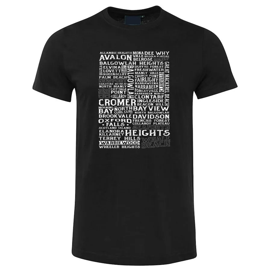 Northern Beaches Suburbs T-Shirt (Black)