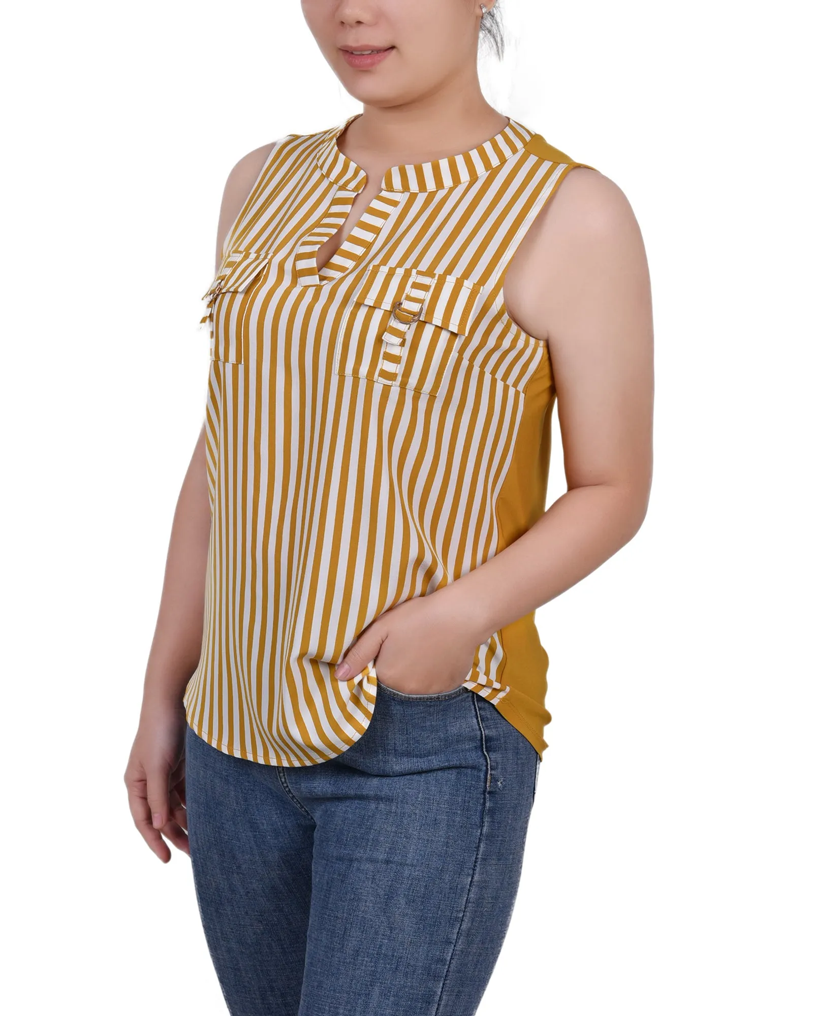 Petite Sleeveless Y Neck Combo Blouse