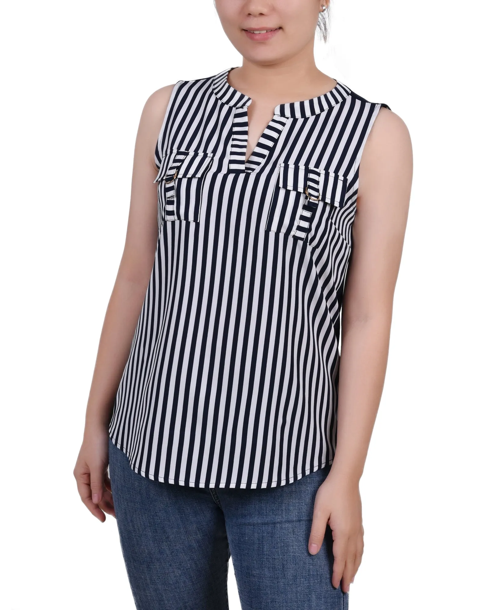 Petite Sleeveless Y Neck Combo Blouse