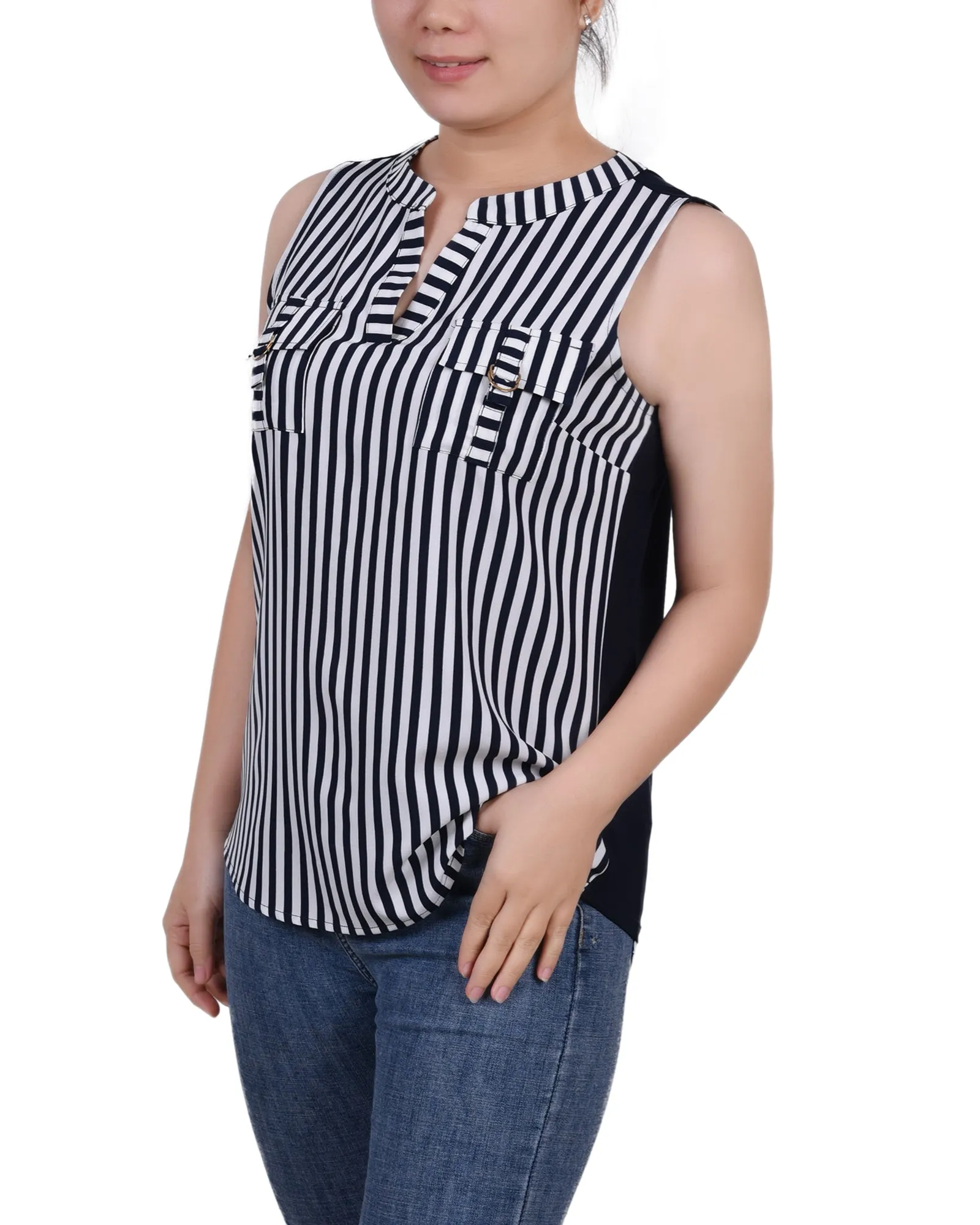 Petite Sleeveless Y Neck Combo Blouse