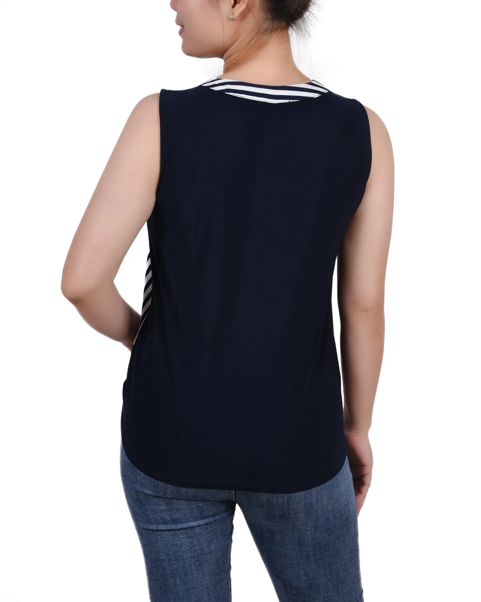 Petite Sleeveless Y Neck Combo Blouse