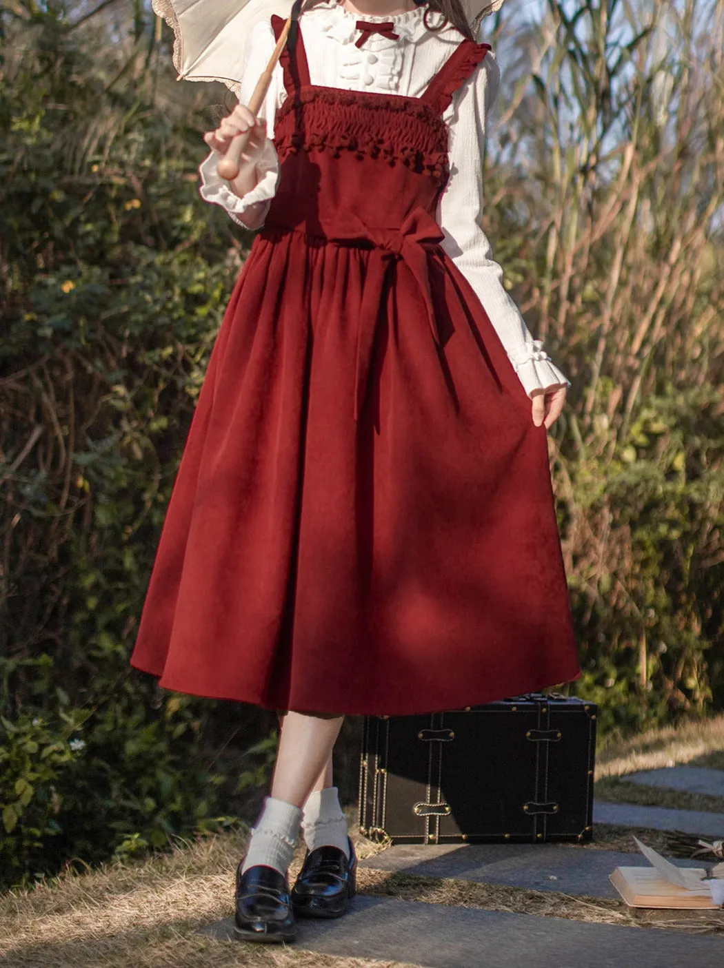 Poem Weave White Feather Dress Innershirt Rose Corsage   Ruffle Red Ruffle Retro Jacket Suspender Rose
