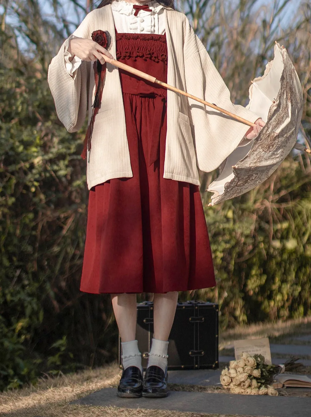 Poem Weave White Feather Dress Innershirt Rose Corsage   Ruffle Red Ruffle Retro Jacket Suspender Rose